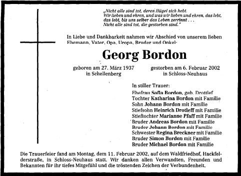Bordon Georg 1937-2002 Todesanzeige
